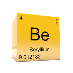 Beryllium chemical element symbol from the periodic table displayed on glossy yellow cube