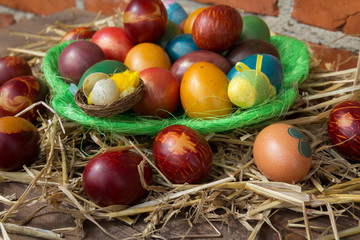 Colorful Easter eggs on wooden background. Easter eggs