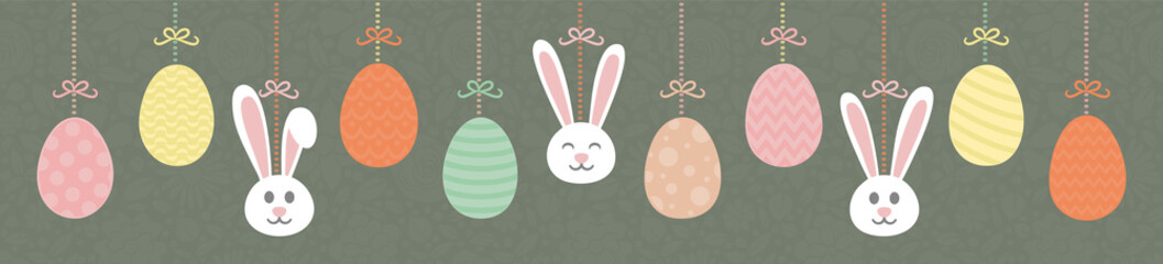 Easter - panoramic banner with hanging bunnies and eggs. Vector.