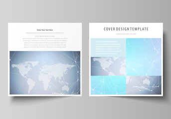 The minimalistic vector illustration of editable layout of two square format covers design templates for brochure, flyer, magazine. Polygonal texture. Global connections, futuristic geometric concept.