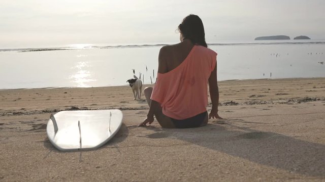 brunette fit sporty girl or woman or female surfer relaxing on sandy sunny beach, white dog is passing by, beautiful nature (ocean or sea, water, wind, coastline) , white surfboard