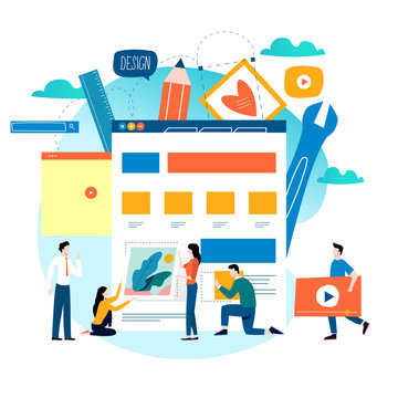 Website development, website construction, web page building process, website layout and interface development flat vector illustration design for mobile and web graphics