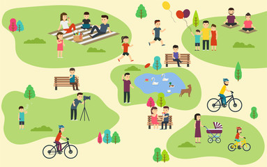 Summer public park with active people, family vacation, walk with dog, ride bicycles.
