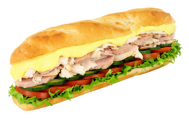 Chicken and ham sandwich with fresh salad in a crusty baguette isolated on a white background