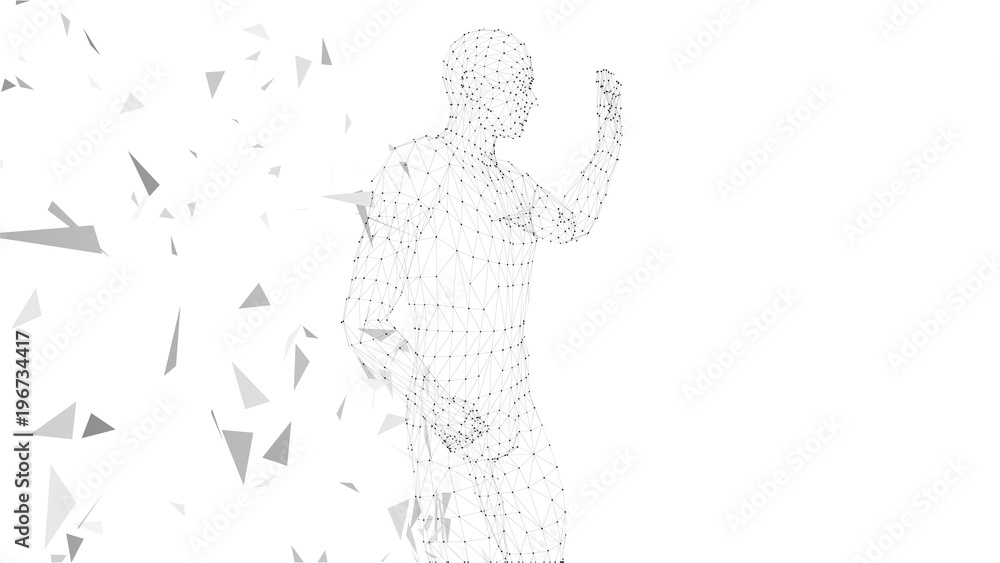 Poster conceptual abstract man with hand pointing up. connected lines, dots, triangles, particles. artifici