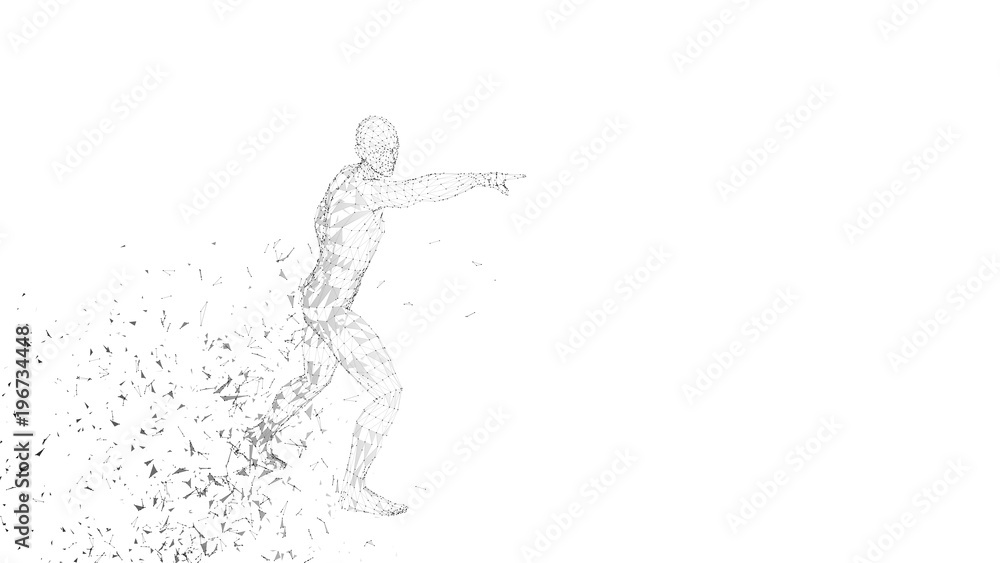 Poster conceptual abstract man touching or pointing to something. connected lines, dots, triangles. artific