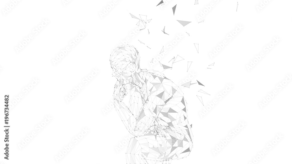 Poster conceptual abstract man thinking. connected lines, dots, triangles, particles on white. artificial i