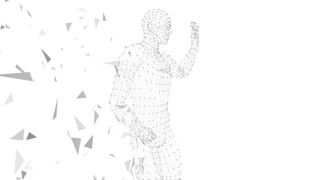 Conceptual abstract man with hand pointing up. Connected lines, dots, triangles, particles. Artificial intelligence concept. High technology vector digital background. 3D render vector illustration