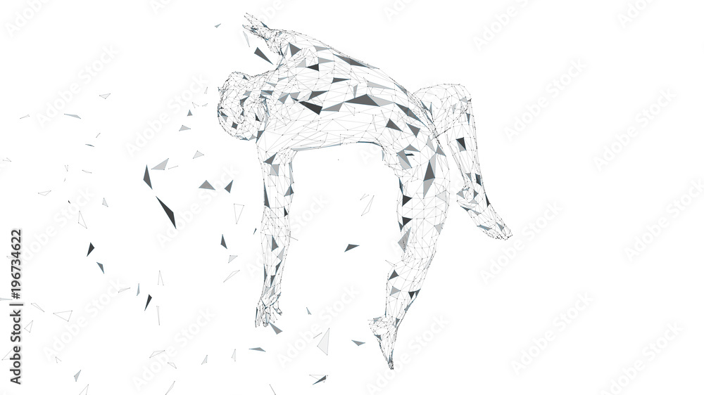Poster conceptual abstract man is soaring in air. connected lines, dots, triangles, particles isolated on w