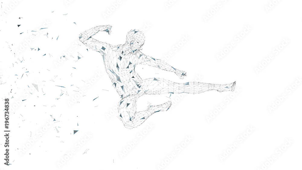 Aufkleber conceptual abstract man jumping in kung fu kick. connected lines, dots, triangles, particles. artifi