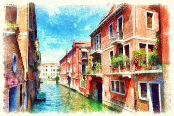 Colorful facades of old medieval houses in Venice, Italy, watercolor painting