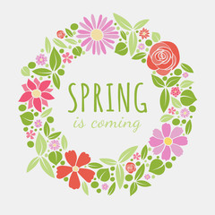 Cute spring card with hand drawn flowers and greeting. Vector.
