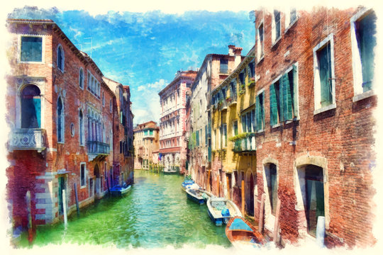 Colorful facades of old medieval houses over a canal in Venice, Italy