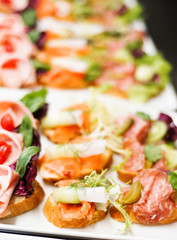 Various open-faced sandwiches with Mortadella, lox and salami decorated with salad and basil at buffet for business lunch or party catering