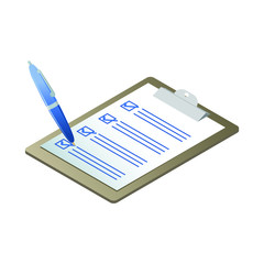 An isometric clipboard with checklist and pen