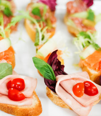 Various open-faced sandwiches with Mortadella, lox and salami decorated with salad and basil at buffet for business lunch or party catering