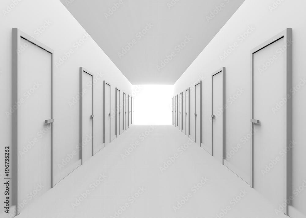 Poster 3d rendering. white tone hallway and many doors with light and the end of the way. several selection