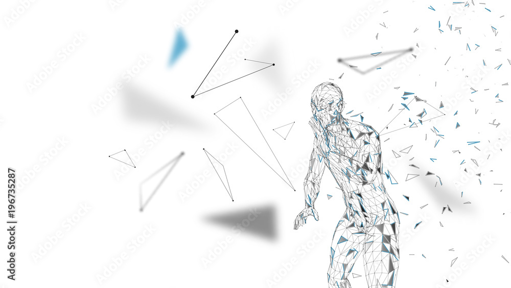 Poster conceptual abstract man shouting to someone. connected lines, dots, triangles, particles on white ba