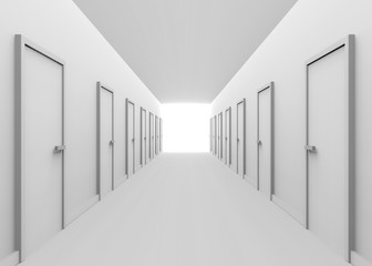 3d rendering. White tone Hallway and many doors with light and the end of the way. several Selection to the goal or success in business concept.