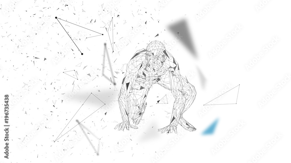 Poster conceptual abstract man getting ready to run. connected lines, dots, triangles, particles. artificia