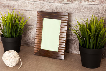 Vintage photo frame next to two pots of grass over wooden background wall
