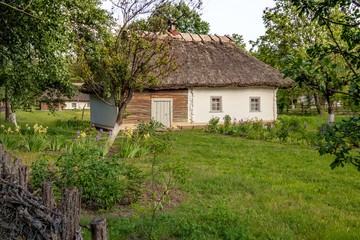 Fototapeta na wymiar Traditional cottage houses with the straw roofs, old village house, Ukraine