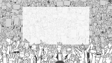 Illustration of detailed crowd protest demonstration with large blank banner