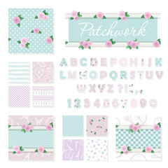 Patchwork girly decorative elements big set. Shabby chic textile font and seamless pattern collection. Different fabric pieces collage, decorated with lace and roses. Vector