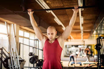 Close up front view of motivated and focused strong muscular active healthy young bald man working...