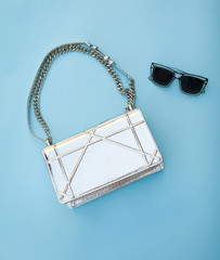  Silver bag with black glasses on a blue background