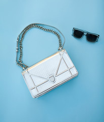  Silver bag with black glasses on a blue background