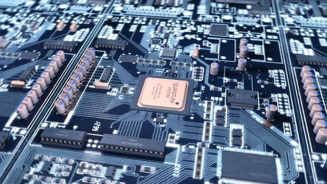 Camera rotates around CPU inside a multi core server. The quantum powerful processor is installed on a circuit board. Seamless loop animation, 4K