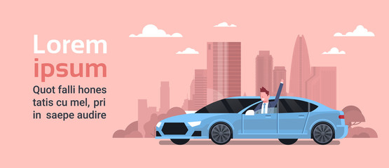 Happy Owner Driving New Car Over Silhouette City Background Vechicle Purchase Concept Flat Vector Illustration