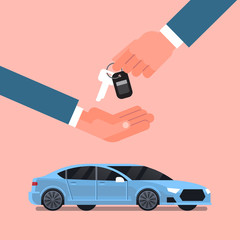Car Purchase Sale Or Rental Concept, Seller Man Hand Giving Keys To Owner Over New Vechicle Flat Vector Illustration