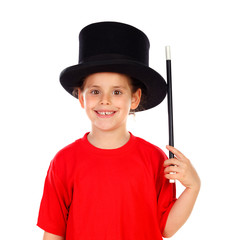 Pretty little girl doing magic with a top hat and a magic wand