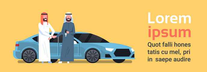 Car Buying Arab Seller Man Giving Keys To Owner Vechicle Purchase Sale Or Rental Center Concept Flat Vector Illustration