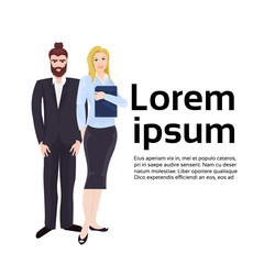 Modern Couple Of Businesspeople, Businessman And Businesswoman In Elegant Suits Over Background With Copy Space Flat Vector Illustration