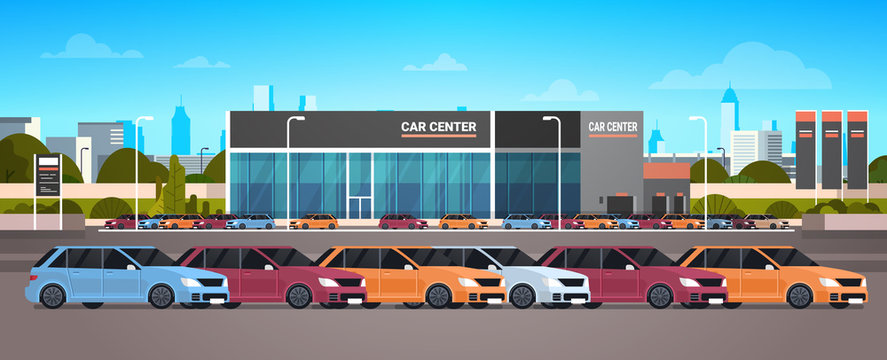 New Vechicles Car Dealer Center Showroom Building Flat Vector Illustration