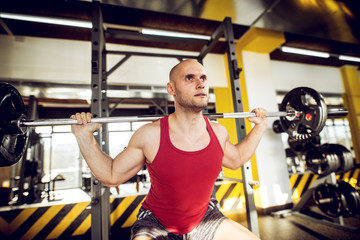 Close up of motivated and focused strong muscular active healthy young bald man doing squats while holding the barbell behind the neck in the modern gym.
