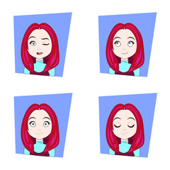 Young Woman With Red Hair Different Facial Emotions Set Of Girl Face Expressions Vector Illustration