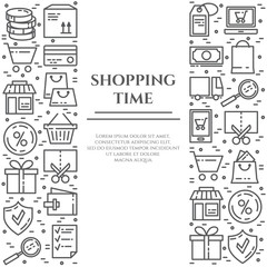 Shopping theme banner with two vertical rectangles consisting of line icons with editable stroke.