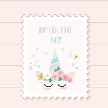 Decorative stamp with unicorn cartoon character. For birthday, baby shower or scrapbook design.
