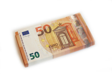 Fifty euros banknote on white background.Selective focus