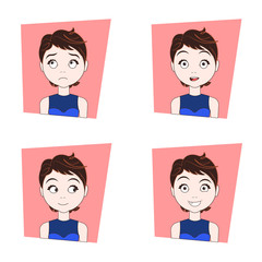 Cute Girl With Different Facial Emotions Set Of Young Woman Face Expressions Vector Illustration