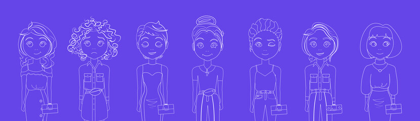 Set Of Sketch Young Woman Outline Horizontal Banner Vector Illustration