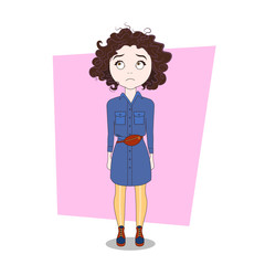 Young Cute Girl Looking Up Sad Woman In Modern Clothes Full Length Vector Illustration