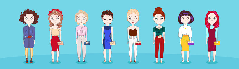 Young Cute Girls Set With Different Emotions Women In Modern Clothes Full Length Collection Vector Illustration