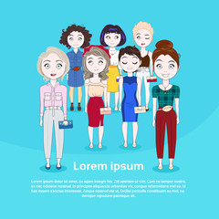 Group Of Young Woman Cute Girls Full Length On Background With Copy Space Vector Illustration