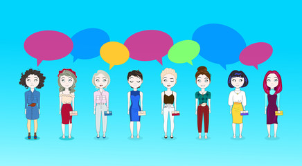 Group Of Young Woman Cute Girls Over Colorful Chat Bubble Background Vector Illustration