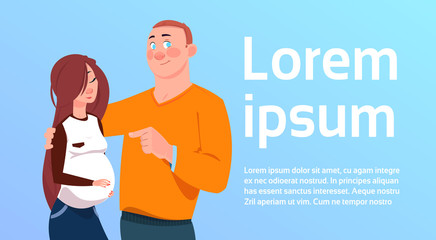 Expecting Parents Man Embracing Pregnant Woman Over Background With Copy Space Flat Vector Illustration